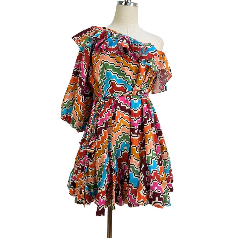 RHODE Ozzie Cotton Printed One Shoulder Dress In Ric Rac Rainbow